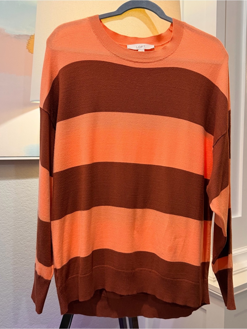LOFT Women's Wide-Striped Crewneck Sweater in Coral and Brown
